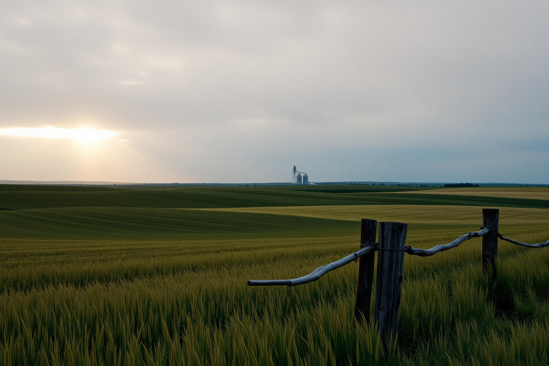 Alberta prairie at golden hour with a weathered wooden fence